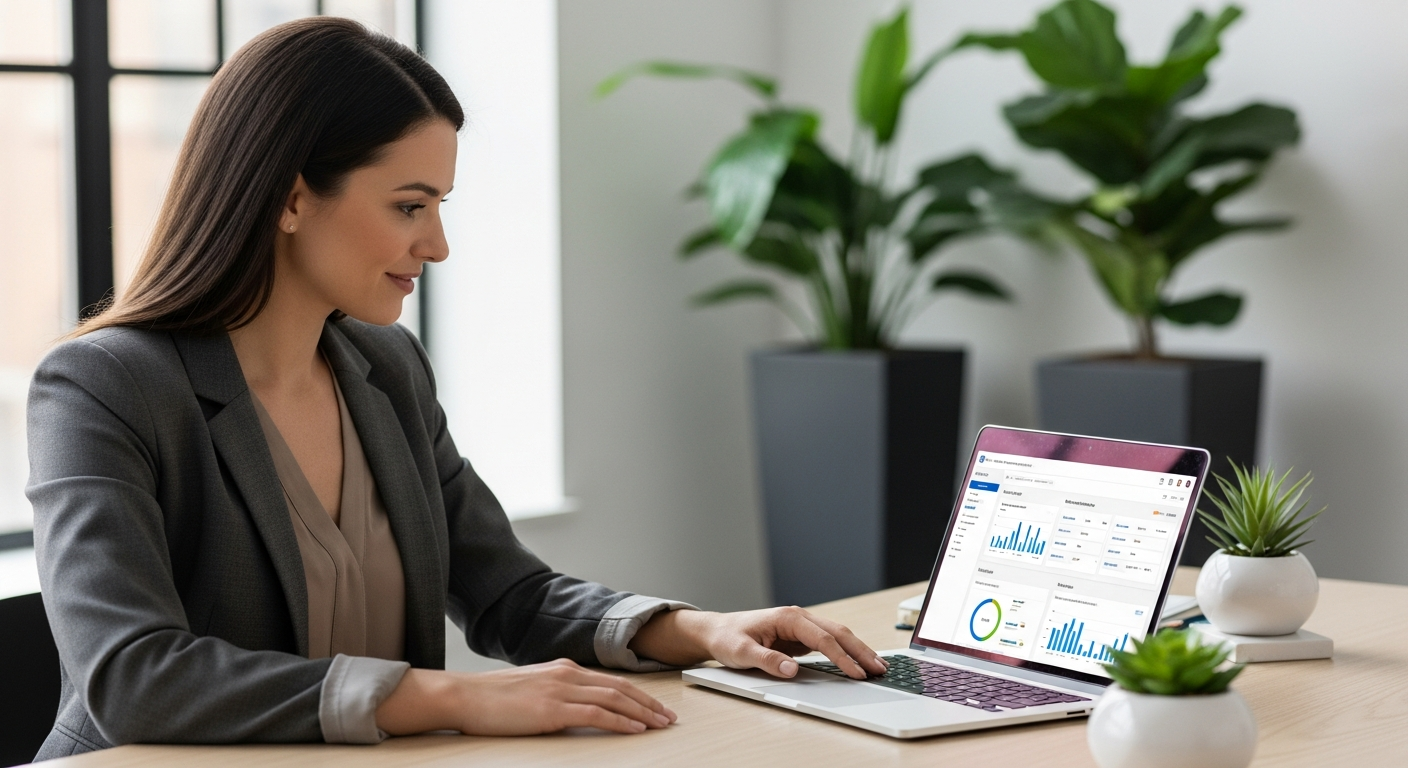 Benefits consultant reviewing a platform migration plan on a laptop in a modern office.