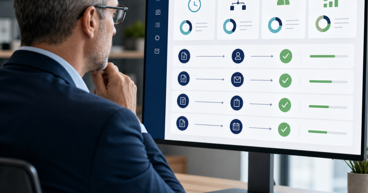 Benefits broker reviewing a workflow prioritization dashboard that ranks automation opportunities by time savings, complexity, client impact, and implementation effort.